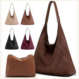 Vegan Leather Hobo & Tote Bag Set, Slouchy Shoulder Bag with Suede